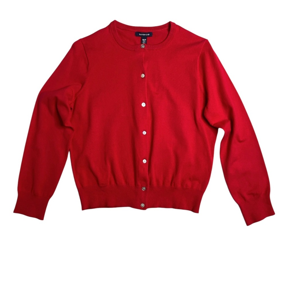 Lands’ End Red Button Front Crew Neck Cardigan Size Petite Medium